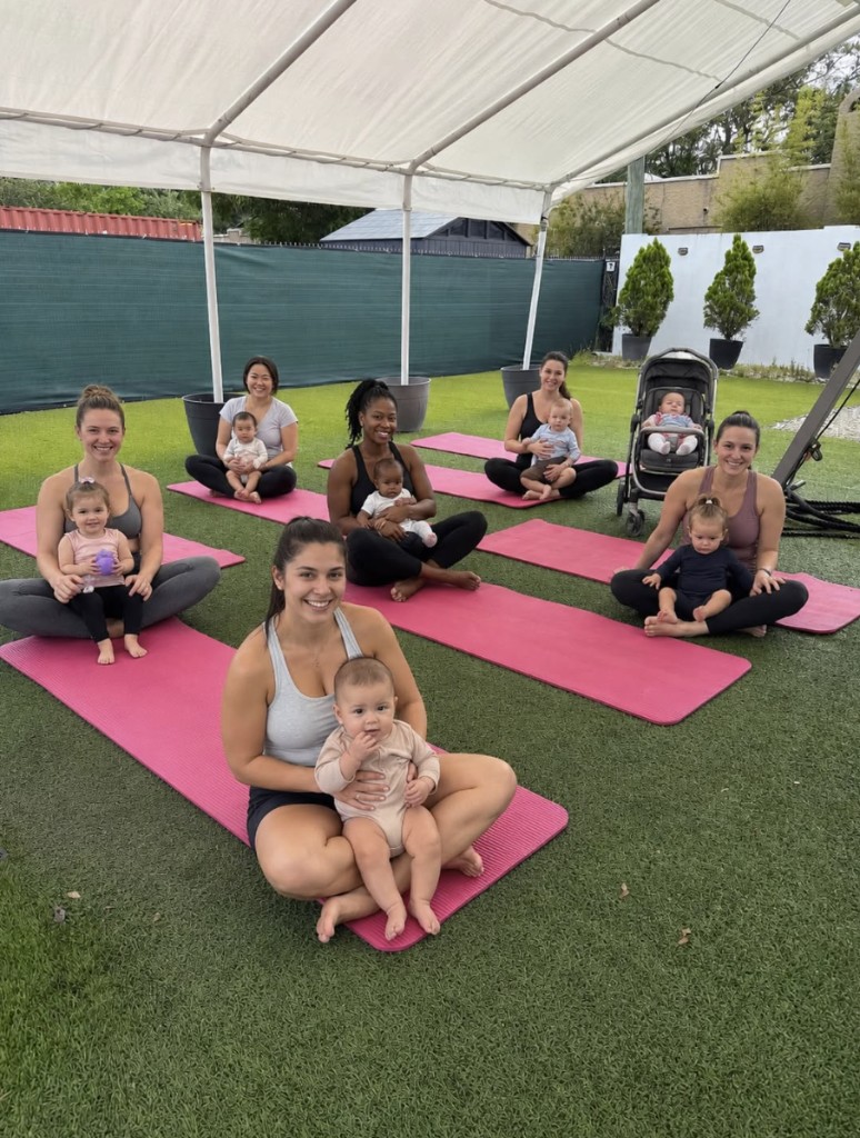 Moms and children training under the backyard canopy